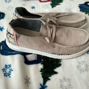 Tan with snake print HeyDudes